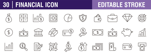 Collection of financial icons. Business, finance, work. Vector design template, signs, symbols, editable stroke.