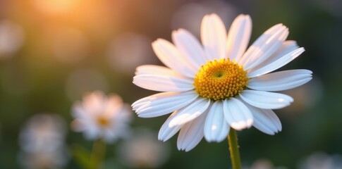 Delicate chamomile flower, petals fully open, vibrant yellow center , white background, spring, petals