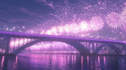 Fototapeta premium Spectacular New Year's Eve Celebrations: Magnificent City Bridge with Fireworks Display and Applauding Spectators Reflecting in Water