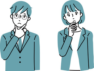 考え込むスーツ姿の男女