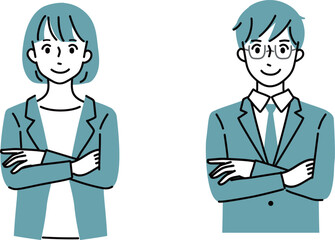 腕組みをしているスーツ姿の男女
