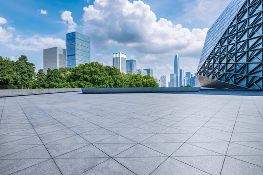 Empty square floor with modern city buildings scenery in Shenzhen, China. Outdoor city background.