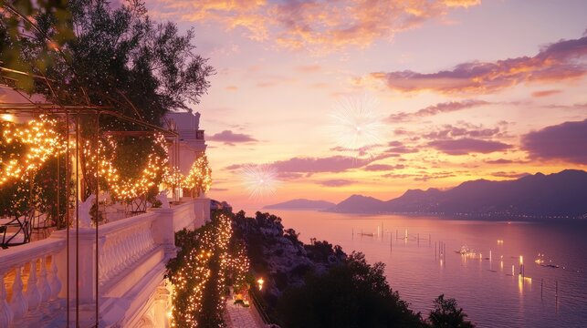 Gathering at Twilight: New Year's Eve Celebrations on Scenic Balcony with Distant Fireworks and Melodic Music