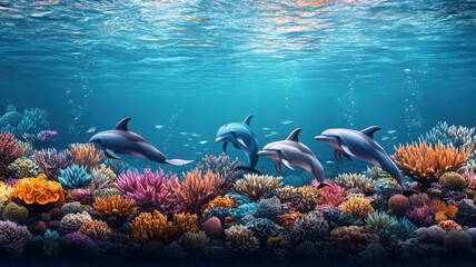 Fototapeta premium A vibrant underwater scene showcasing dolphins swimming among colorful coral reefs.