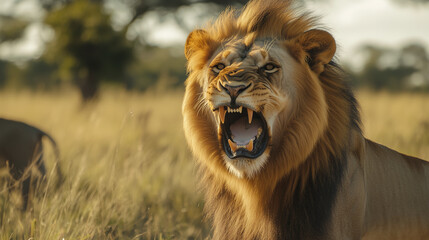 Naklejka premium A close-up shot of a majestic lion roaring with all its might