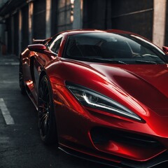 Naklejka premium A glossy red two-seater sports car with a sleek body, futuristic styling, and sharp, glowing edges.