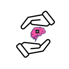 brain icon. brain and artificial intelligence in hand. Brain design and chip in the middle. Education, technology and protection vector design. Mixed design style