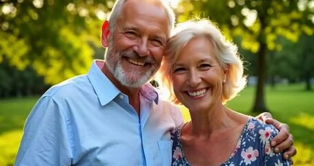 Grandparents Day celebrates the wisdom, love, and legacy of grandparents. A happy senior couple smiles, surrounded by party decorations and a red heart love frame, enjoying a sunny day in the park.