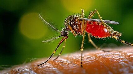 Aedes Aegypti Mosquito Macro Photography: Blood-filled Abdomen on Human Skin