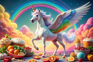 Adorable 3D Unicorn with Rainbow Wings: Magical Food Photography