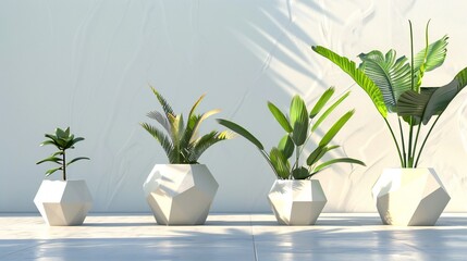 Geometric pots in natural tones grace minimalist spaces, hosting tropical leaves that infuse a breath of fresh air.