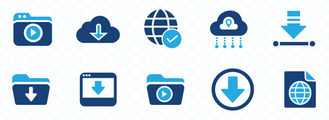 Download button icon collection. Downloading file icon set on black and white design.