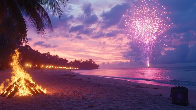 Twilight Beach Fiesta: New Year's Eve Celebrations with Tiki Torches, Bonfire, and Fireworks Countdown