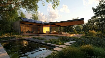 A minimalist house showcasing green energy solutions with solar panels and a heat pump system, surrounded by eco-friendly landscaping