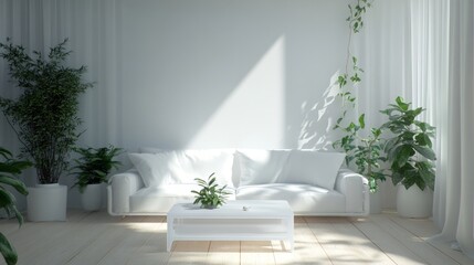 A minimalist white living room with a compact sofa, indoor plants, a durable plastic coffee table, and natural wood floors under soft ambient lighting.