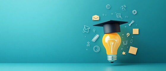 Elearning graduate certificate, lightbulb with graduation hat and education icons, online degree courses, webinar online learning, internet education, modern and clean style