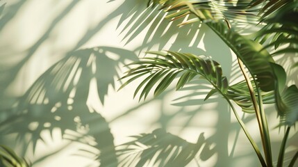 Obraz premium Minimalist elegance meets natural beauty as clean lines and earthy tones create a tranquil backdrop for the subtle play of tropical plant shadows.