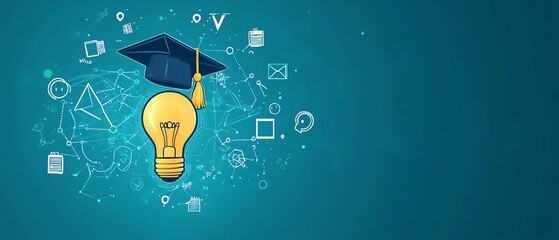 Elearning graduate certificate, lightbulb with graduation hat and education icons, online degree courses, webinar online learning, internet education, modern and clean style
