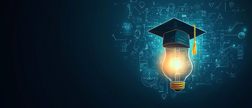 Elearning graduate certificate program concept, lightbulb showing graduation hat, education icons, internet education course degree, online learning, webinar courses, modern design