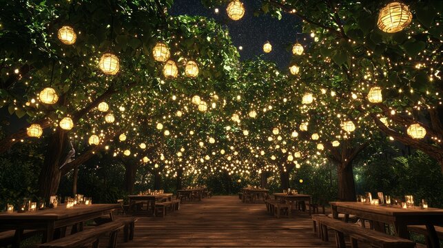 Enchanted New Year's Eve Celebration in Lantern-Lit Orchard with Star Canopy and Midnight Fireworks Cinematic Scene