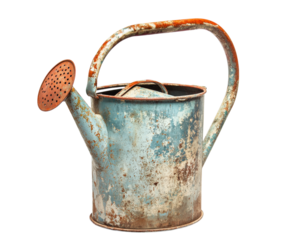 rustic, vintage watering can with weathered, rusty finish isolated on transparency background, showcasing its aged charm and character