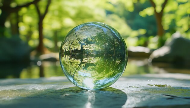 Globe glass with save water symbols in a green forest with sunlight