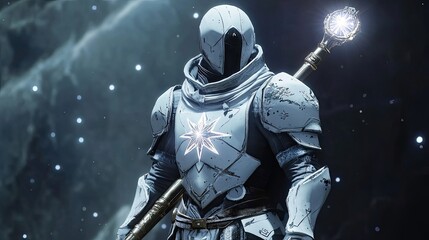 A White Armored Figure Holds a Luminous Staff