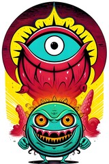 Fototapeta premium Illustration, art, of a cartoon evil cyclops one eyed monster, bright neon colors, suitable for a t-shirt design, vector, bright, colorful, fantasy, creature, quirky, psychedelic, comic, graphic, bold
