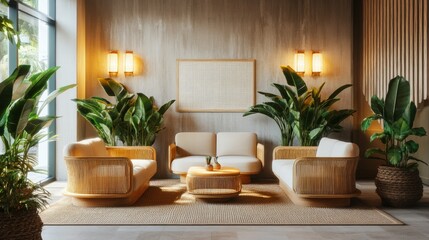 A peaceful wellness retreat interior with earthy tones, large potted plants, and soft natural light creating a relaxing atmosphere.