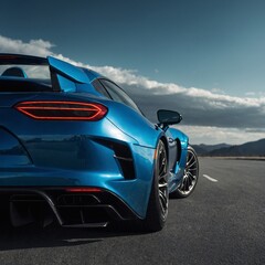 A metallic blue luxury sports car with low-profile tires, sharp headlights, and a dynamic rear spoiler in 3D mode.