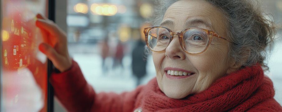 Accessible Technology Elderly Woman in Wheelchair Uses Modern Touchscreen Kiosk with Caregiver Assistance Intuitive Design Improves Senior User Experience, Promoting Independent Living and Digital