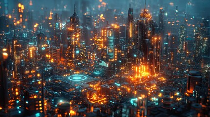 Fototapeta premium An information technology and internet of things hub with dynamic data flow, a futuristic digital metropolis with 3D-rendered circuitry and motherboard depiction