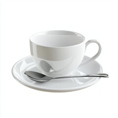 Obraz premium Elegant White Ceramic Coffee Cup and Saucer with Silver Spoon on White Background for Stylish Dining Experiences