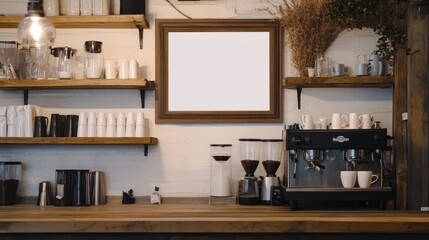 A rustic-themed coffee shop with a blank frame above the counter, an industrial coffee machine, and weathered wooden shelves holding coffee mugs.