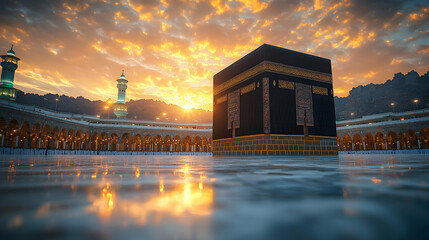 Kaaba at Sunrise Golden Sky Majestic View