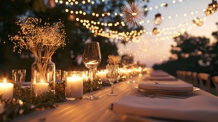 Sparkling New Year's Eve Banquet: Outdoor Table Setting with Candlelight, Lights, and Fireworks in Cinematic Image
