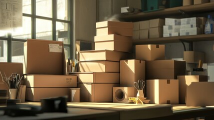 A professional packing station setup, showing stacked cardboard boxes, scissors, and tape in a well-lit environment