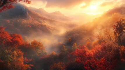 The serene landscape of Bukhansan at sunrise, with warm light breaking through autumn mist and highlighting vibrant foliage
