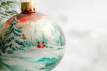 Hand-painted Christmas ornament depicting a winter wonderland scene with trees, snow, and berries.