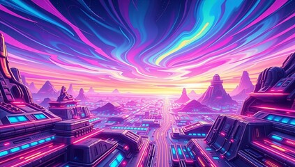 futuristic landscape, technicolor, vibrant hues, animated, metallic, circuits, luminous energy, mesmerizing, hypnotic glow



