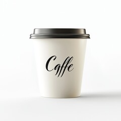 Elegant White Coffee Cup with Black Lid and Stylish Script for Caffe Branding on Minimalistic Background