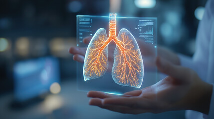 A digital representation of human lungs, glowing in orange, held by a person, showcasing advanced medical visualization technology.