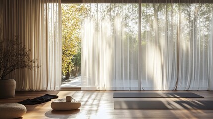 A tranquil retreat space featuring large windows, sheer curtains, yoga mats, and minimalist decor, bathed in warm natural light