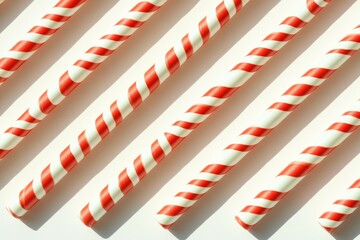 Obraz premium Red and white striped straws arranged in parallel lines casting shadows on a white background.