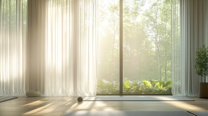 A tranquil retreat space featuring large windows, sheer curtains, yoga mats, and minimalist decor, bathed in warm natural light