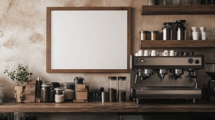 A vintage-style coffee shop featuring a blank white frame, an industrial coffee machine, and distressed wooden shelves displaying coffee essentials.