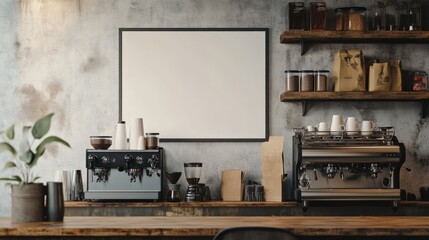 A vintage-style coffee shop featuring a blank white frame, an industrial coffee machine, and distressed wooden shelves displaying coffee essentials.