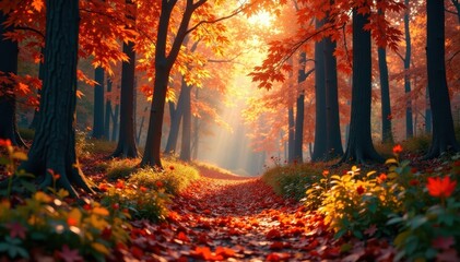Amber hues of autumnal forest on forest floor, woodland walk, forest floor