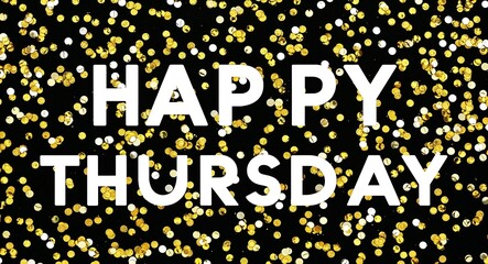 Obraz premium happy Thursday white text lettering on plain black background with gold glitters