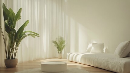 Bright white minimalist living area with a sofa, decorative green plants, a round plastic coffee table, and light wooden floors, exuding a serene atmosphere